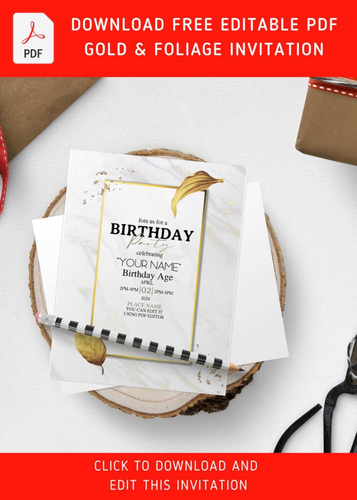 6 Free Editable PDF Modern Gold Foliage Birthday Invitation Templates