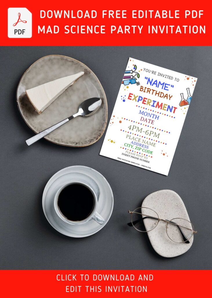 (Free Editable PDF) Explosive Fun Mad Science Party Invitation Templates with simple white background