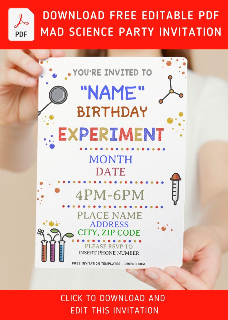 (Free Editable PDF) Explosive Fun Mad Science Party Invitation Templates with rainbow polka dots