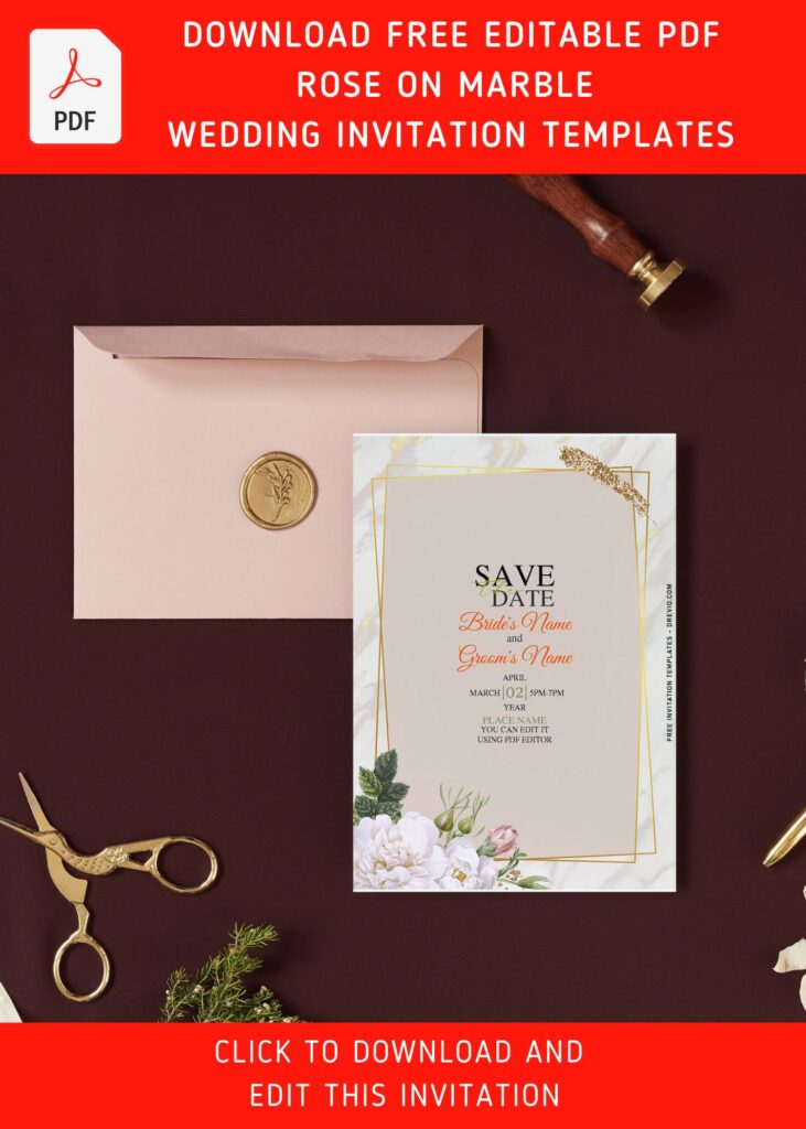 (Free Editable PDF) Luxury Gold Marble Foil-Look & Rose Wedding Invitation Templates with geometric gold text frame