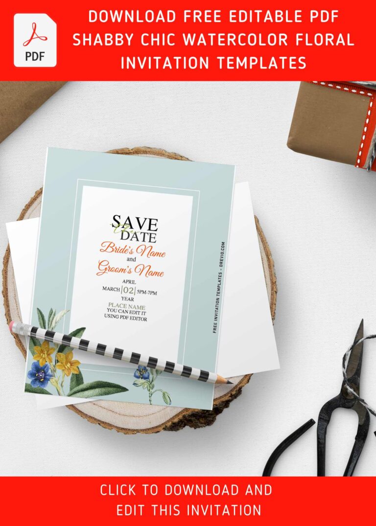 (Free Editable PDF) Shabby Chic Watercolor Floral Wedding Invitation Templates with