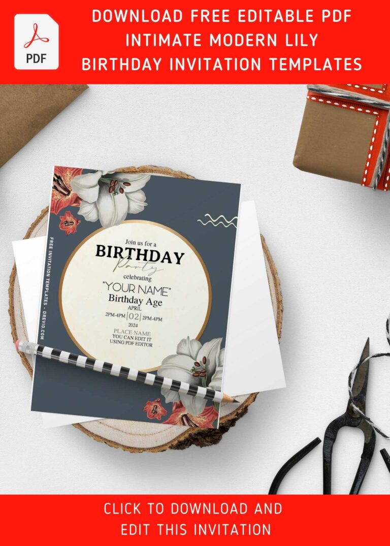 (Free Editable PDF) Intimate Modern Lily Birthday Invitation Templates with gold asymmetric lines