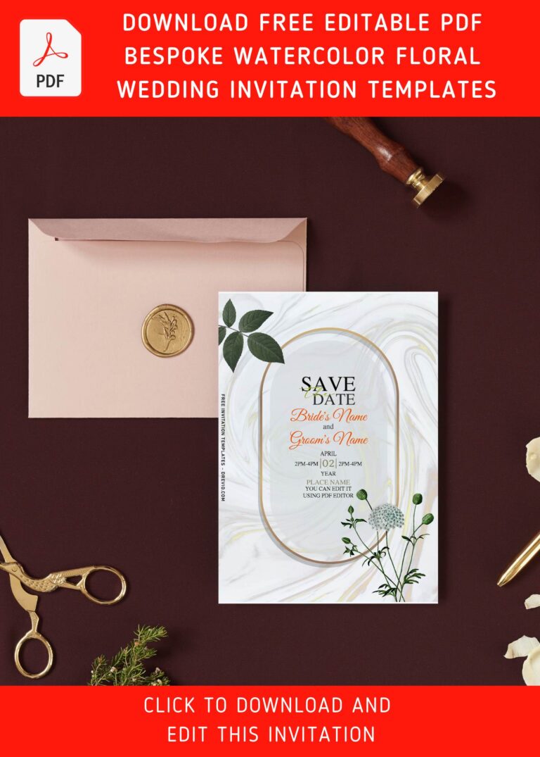 (Free Editable PDF) Bespoke Watercolor Floral & Marble Wedding Invitation Templates with