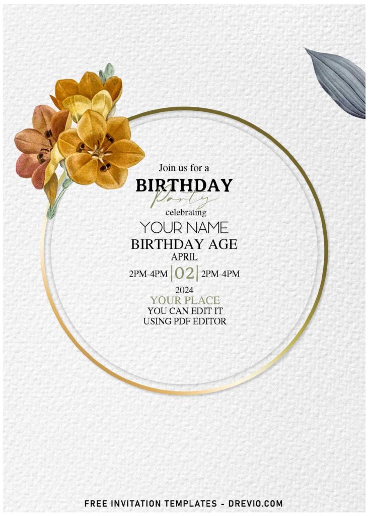 Free Editable PDF Delicate Modern Gold Watercolor Floral Frame Birthday Invitation Templates E