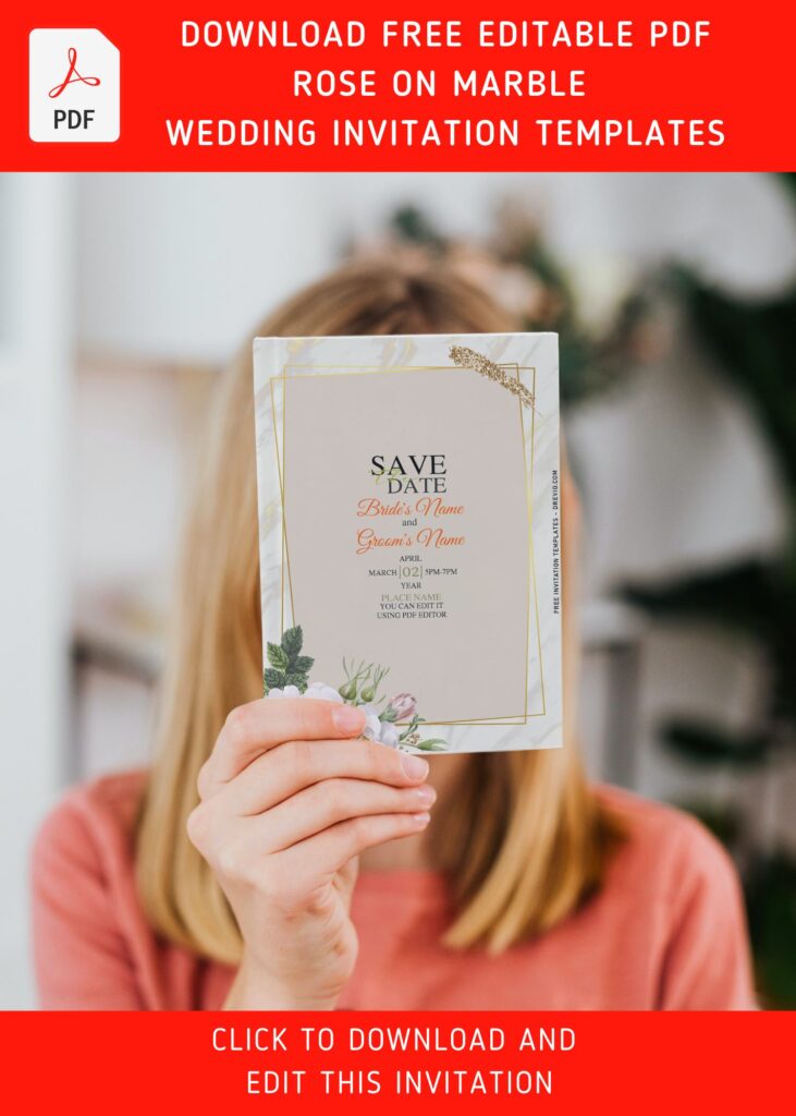 (Free Editable PDF) Luxury Gold Marble Foil-Look & Rose Wedding Invitation Templates with sparkling gold marble background