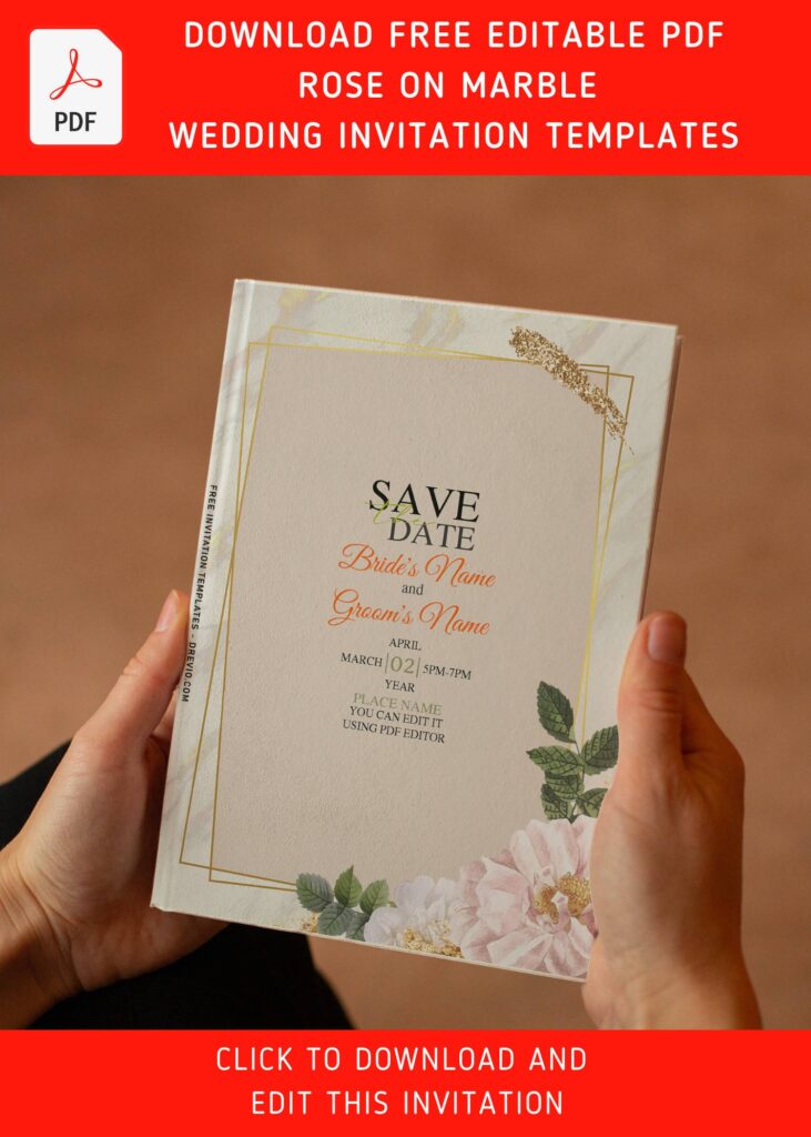 (Free Editable PDF) Luxury Gold Marble Foil-Look & Rose Wedding Invitation Templates with watercolor floral and foliage