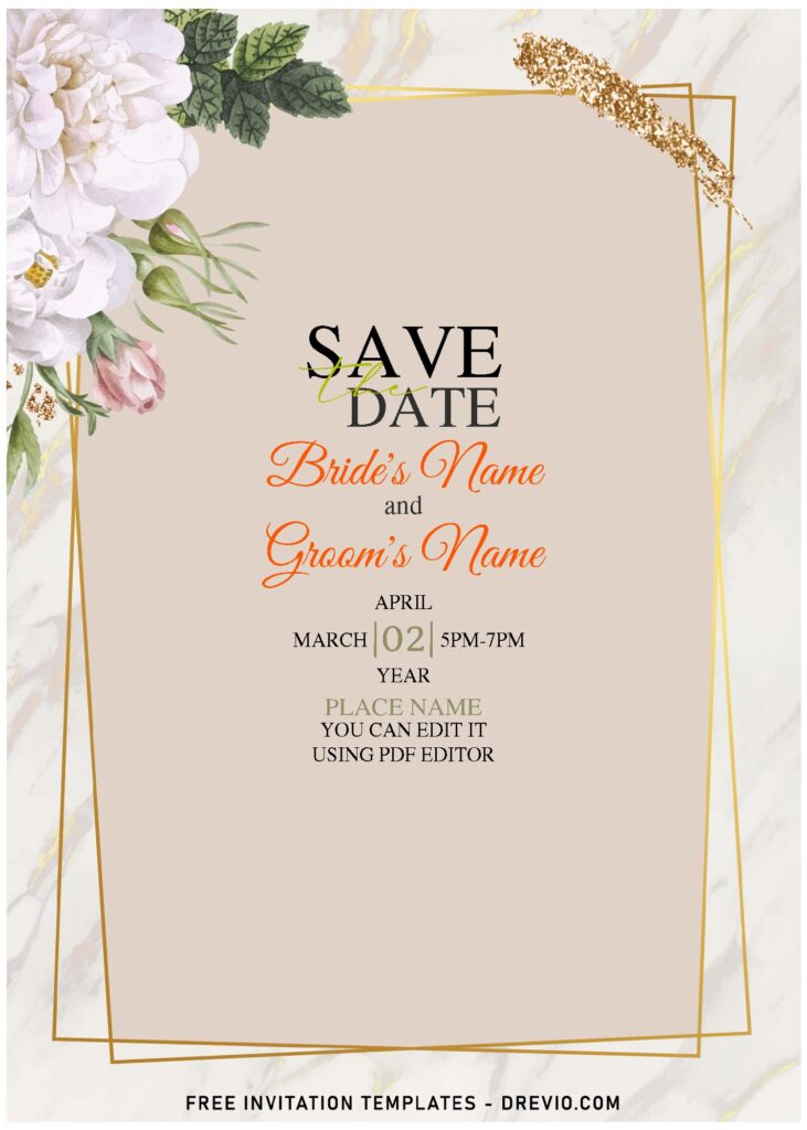 (Free Editable PDF) Luxury Gold Marble Foil-Look & Rose Wedding Invitation Templates with pristine white garden roses