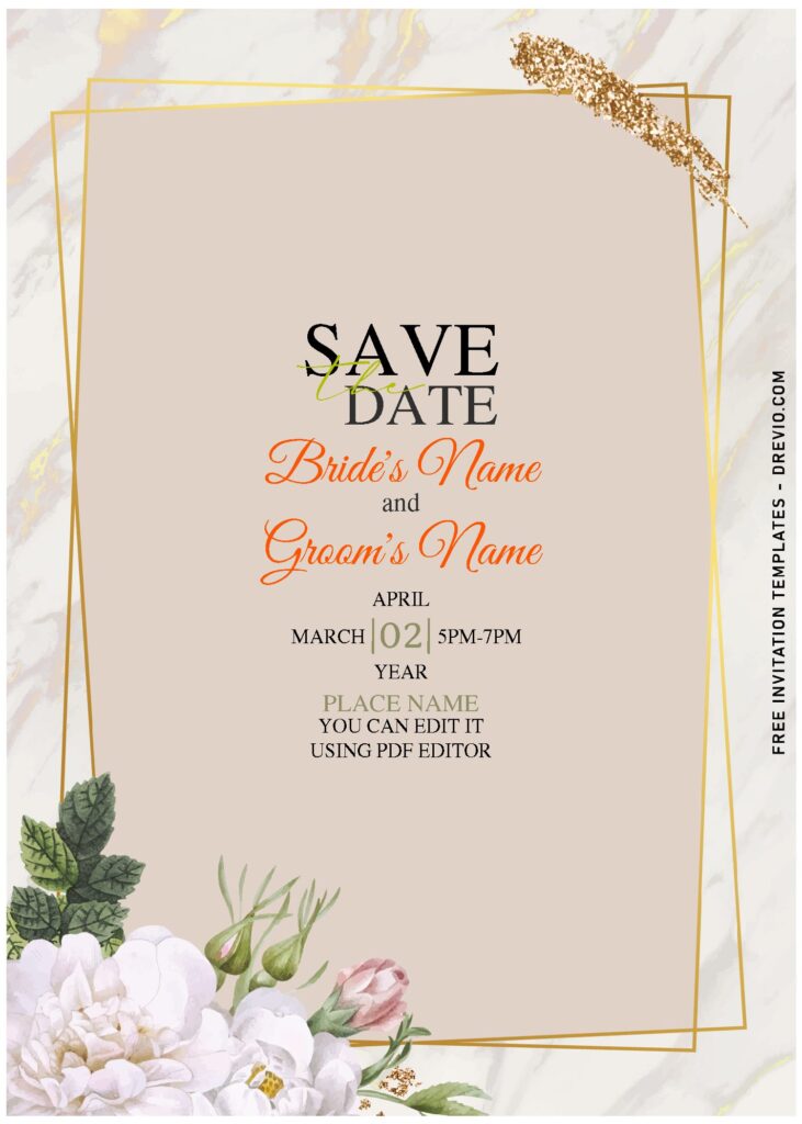 (Free Editable PDF) Luxury Gold Marble Foil-Look & Rose Wedding Invitation Templates with blush white floral