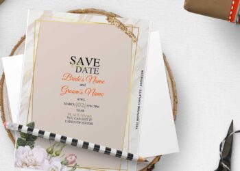 (Free Editable PDF) Luxury Gold Marble Foil-Look & Rose Wedding Invitation Templates with garden roses