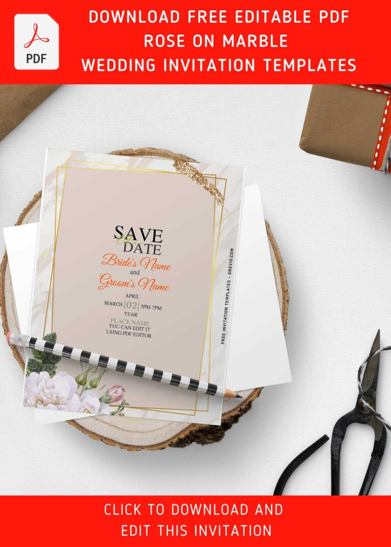 (Free Editable PDF) Luxury Gold Marble Foil-Look & Rose Wedding Invitation Templates with garden roses