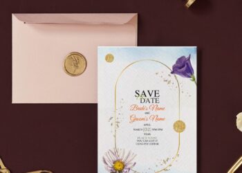 (Free Editable PDF) Romantic Purple Floral Wedding Invitation Templates with