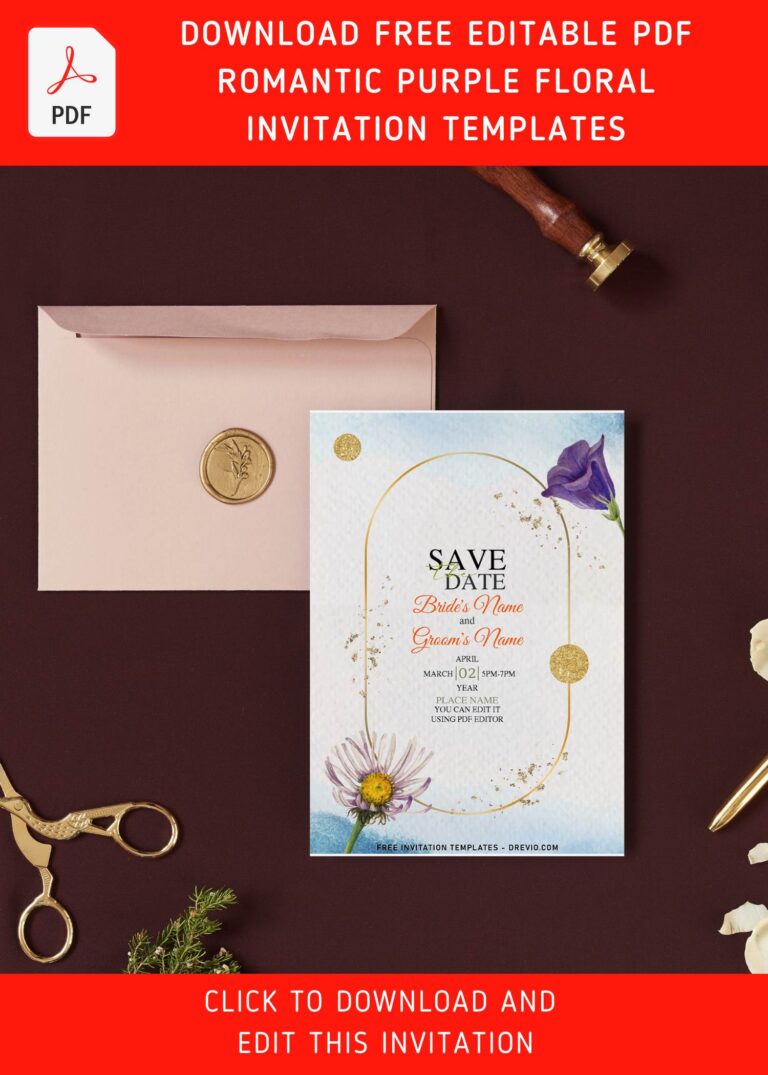 (Free Editable PDF) Romantic Purple Floral Wedding Invitation Templates with