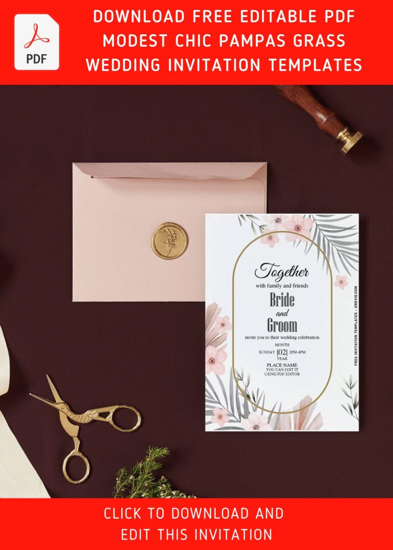 (Free Editable PDF) Modest Chic Pampas Grass And Floral Invitation Templates with aesthetic palm leaves