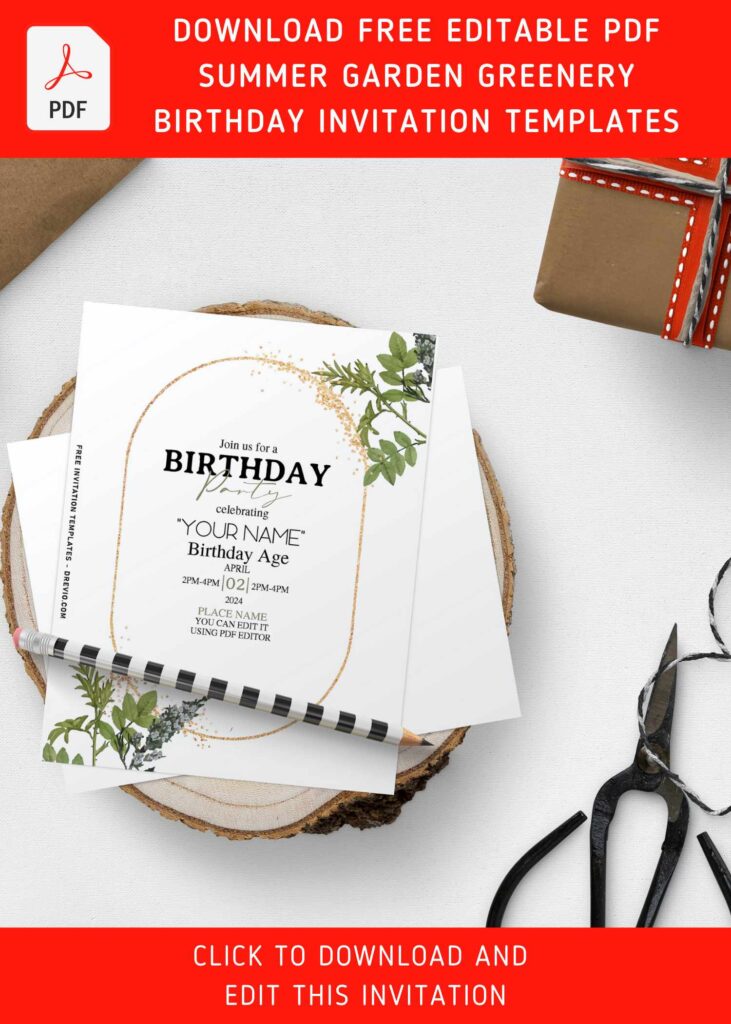 (Free Editable PDF) Summer Garden Greenery Birthday Invitation Templates with elegant oval shaped text frame