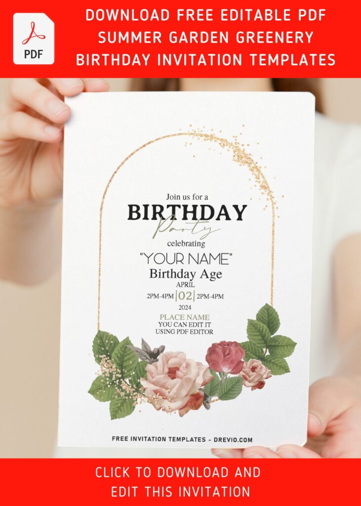 (Free Editable PDF) Summer Garden Greenery Birthday Invitation Templates with editable text
