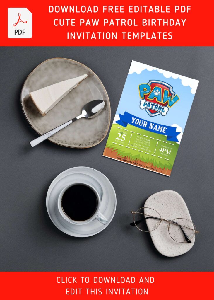 (Free Editable PDF) Playful Paw Patrol Birthday Invitation Templates For Preschooler with cute blue ribbon