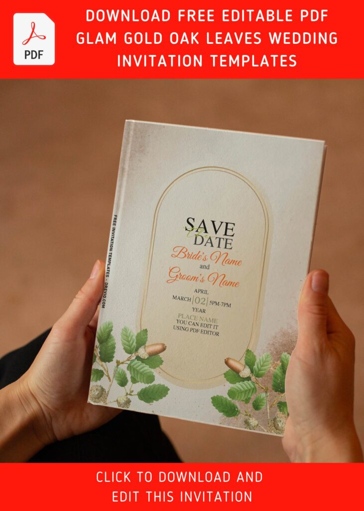 (Free Editable PDF) Darling Gold Oak Leaves Wedding Invitation Templates with shinning gold sparkles