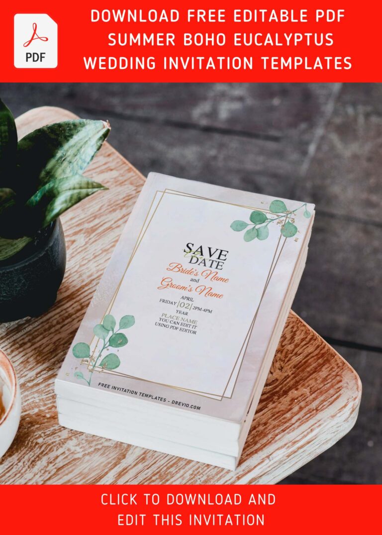 (Free Editable PDF) Modern Summer Boho Eucalyptus Wedding Invitation Templates with editable text
