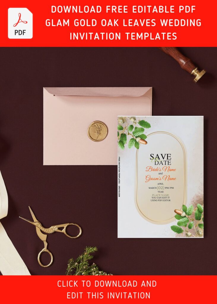 (Free Editable PDF) Darling Gold Oak Leaves Wedding Invitation Templates with editable text
