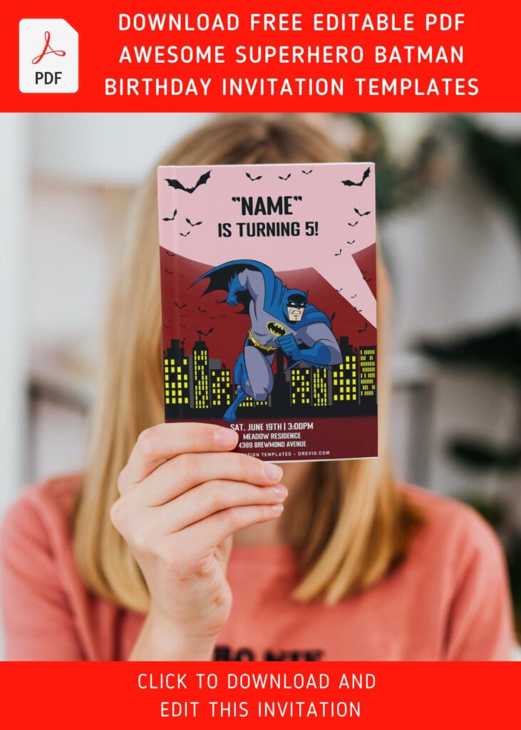 (Free Editable PDF) Awesome Gotham City Batman Birthday Invitation Templates with awesome sunburst comic inspired background