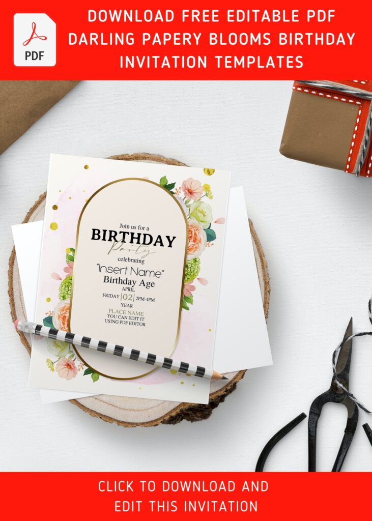 (Free Editable PDF) Darling Papery Blooms Birthday Invitation Templates with sparkly gold glitters