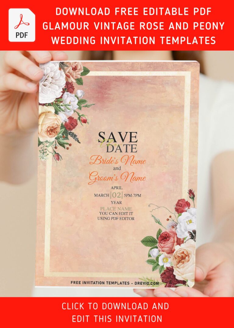 (Free Editable PDF) Passionate Romantic Rose Wedding Invitation Templates with rustic border