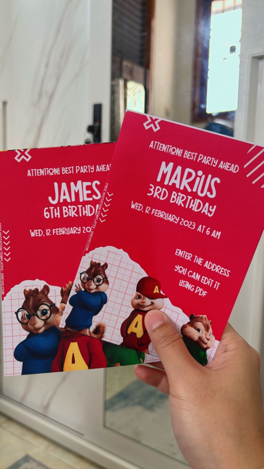 Kids party invitation design inspired by Alvin and the Chipmunks, with animated-style characters in the center, layered red gradient backdrop, and circular arrangement of party icons like notes, confetti, and balloons
