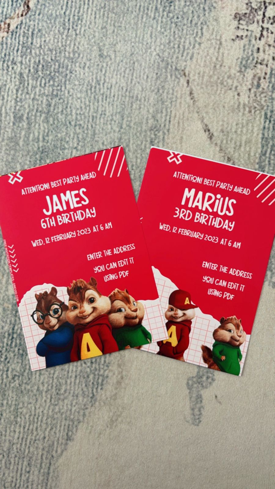 Themed birthday invitation artwork showing Chipmunks characters with playful off-center layout, music-themed graphics orbiting the design, and vibrant kid-party color palette