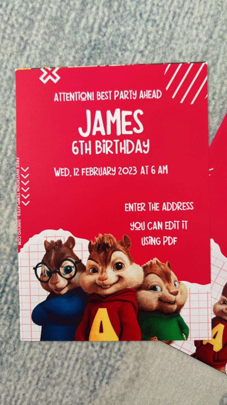 Alvin and the Chipmunks birthday invite featuring Alvin, Simon, and Theodore surrounded by music symbols, colorful balloons, dynamic scattered layout, and bright party energy element