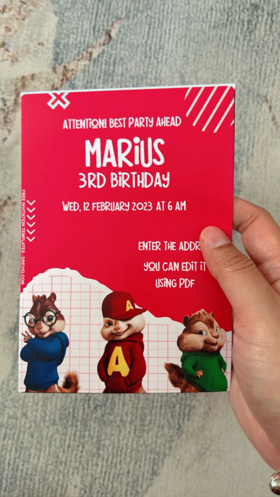 Alvin and the Chipmunks birthday invite featuring Alvin, Simon, and Theodore surrounded by music symbols, colorful balloons, dynamic scattered layout, and bright party energy element