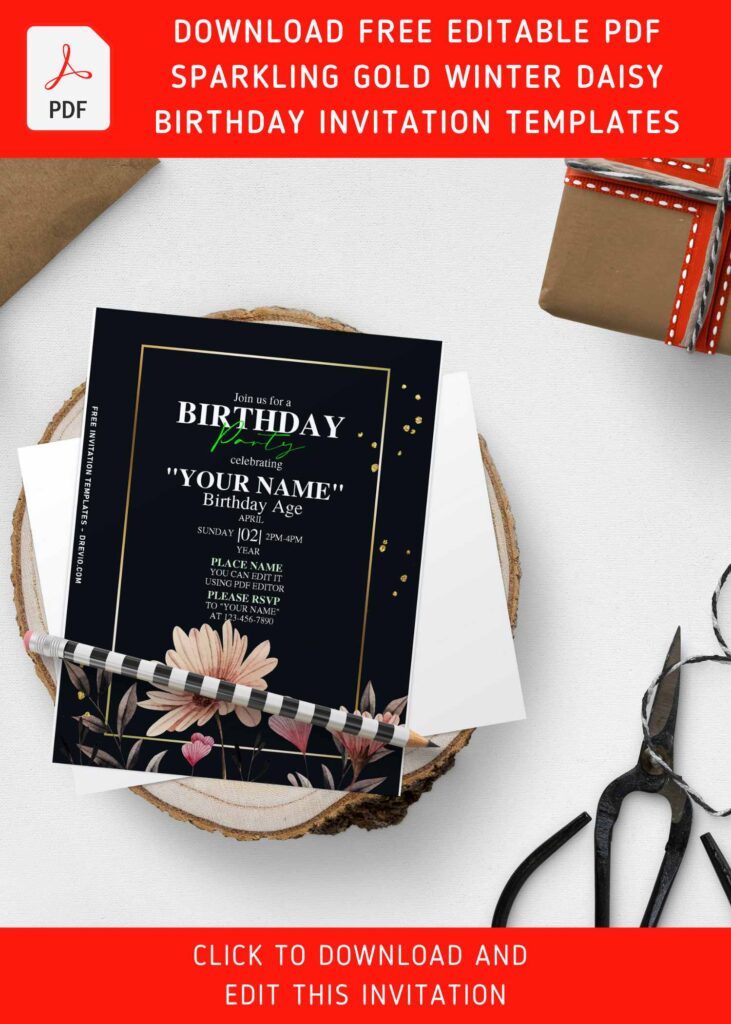 Free Editable PDF Aesthetic Gold Winter Daisy Floral Invitation Templates
