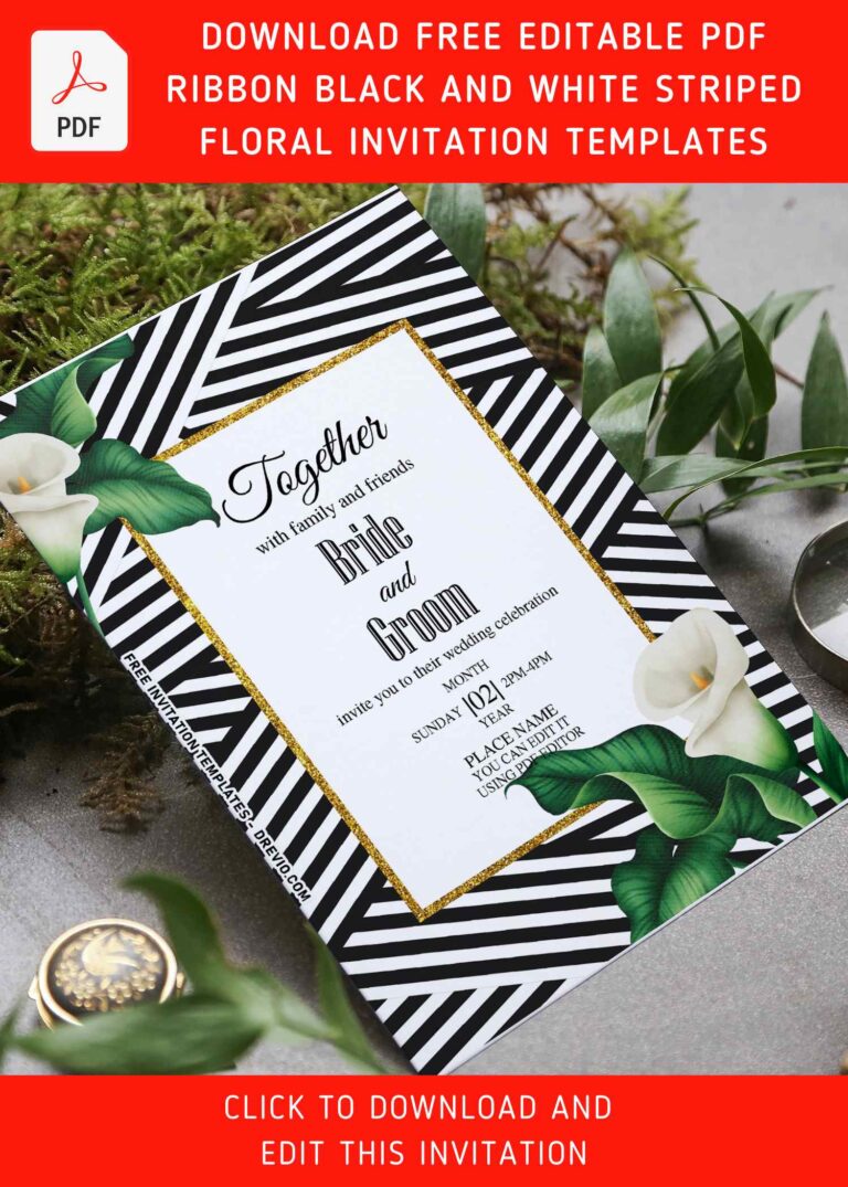 (Free Editable PDF) Urban Glamour Stripe And Gold Wedding Invitation Templates with stunning watercolor lily