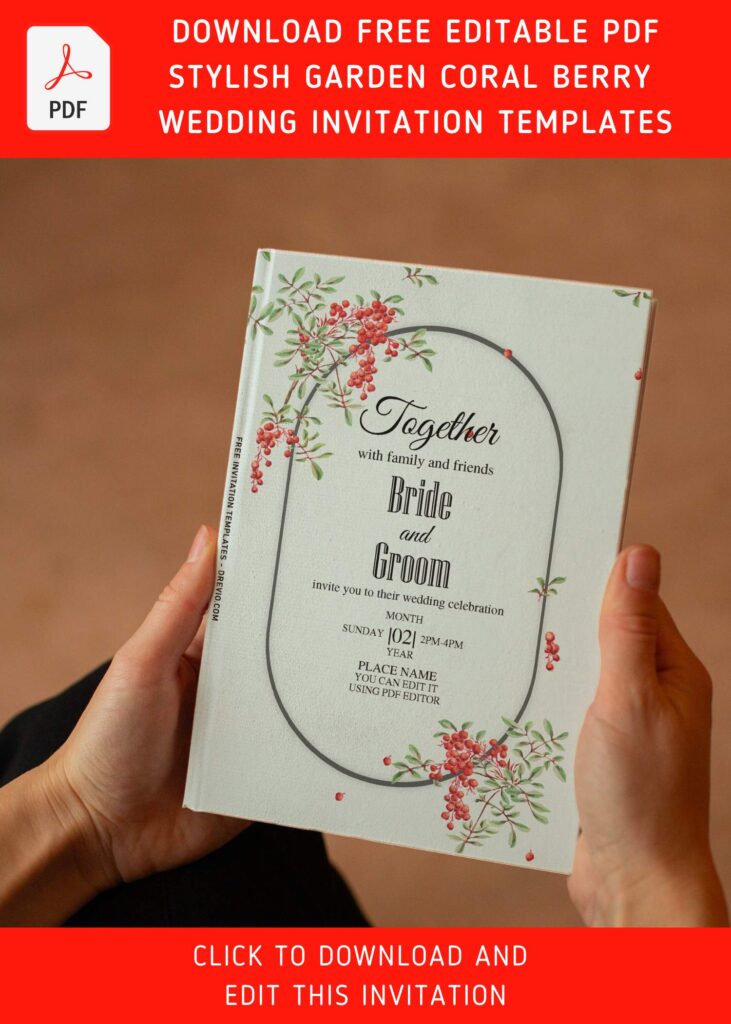 (Free Editable PDF) Whimsical Coralberry And Baby's Breath Wedding Invitation Templates with elegant script