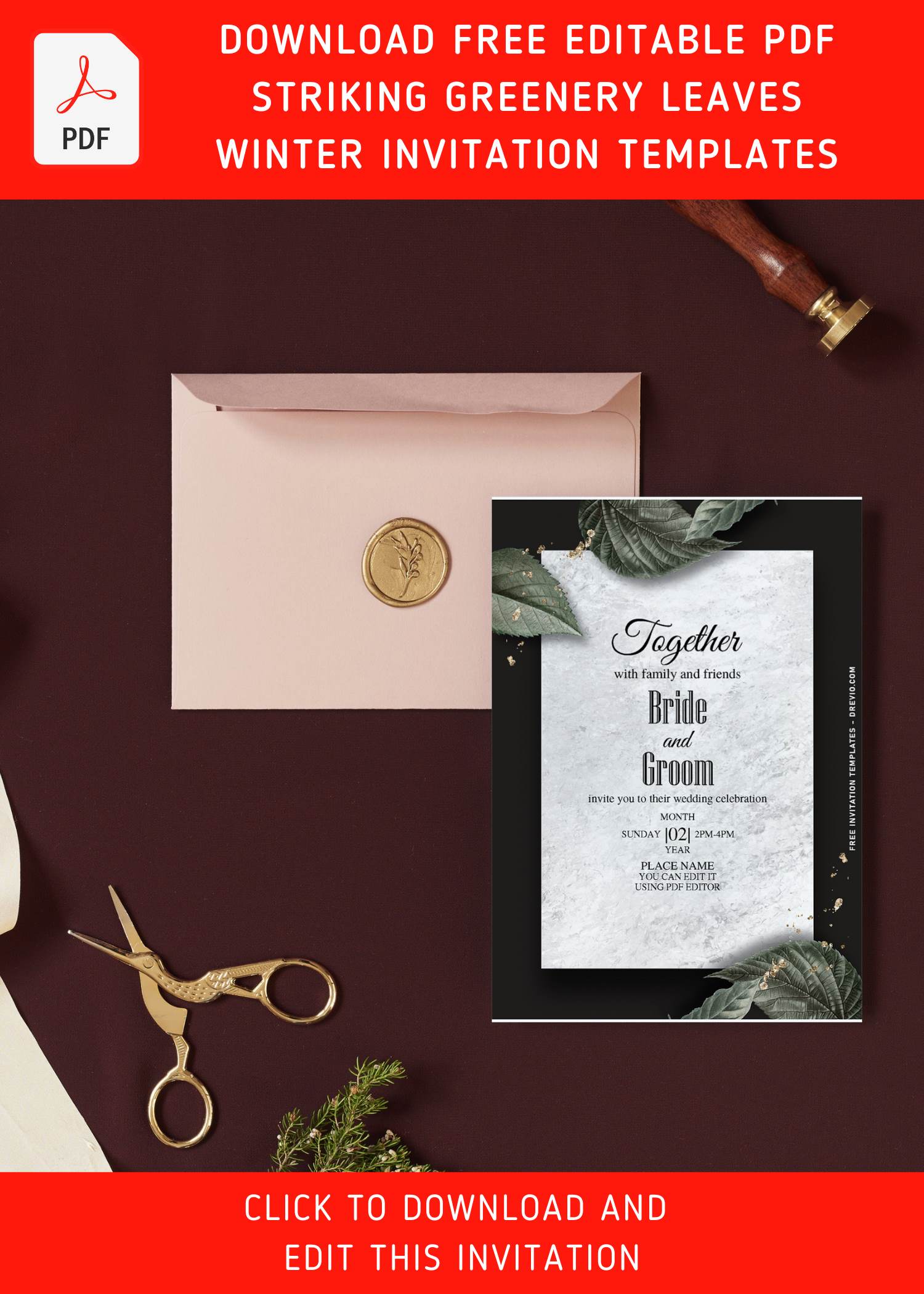(Free Editable PDF) Dreamy Marble And Gold Greenery Foliage Invitation Templates