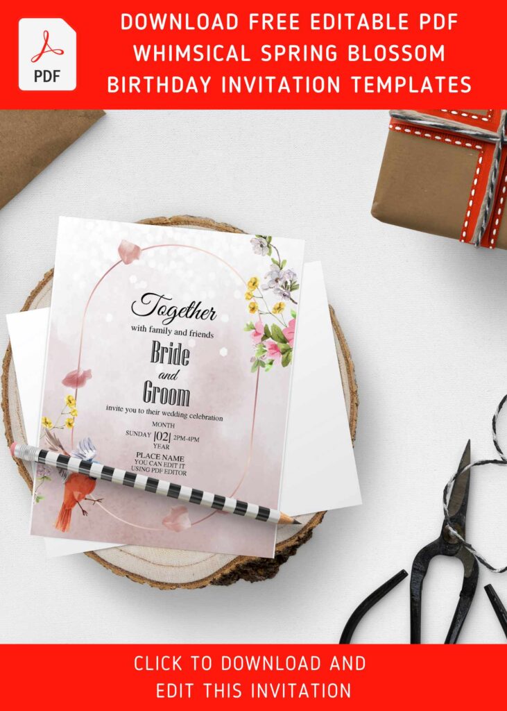 (Free Editable PDF) Whimsical Spring Blossom Wedding Invitation Templates with blush pink watercolor background