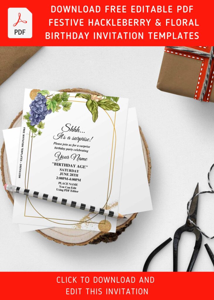 (Free Editable PDF) Festive Summer Huckleberry And Sunflower Invitation Templates with gleaming gold geometric pattern