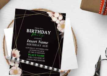 (Free Editable PDF) Glamorous Gold Geometric And Floral Birthday Invitation Templates with