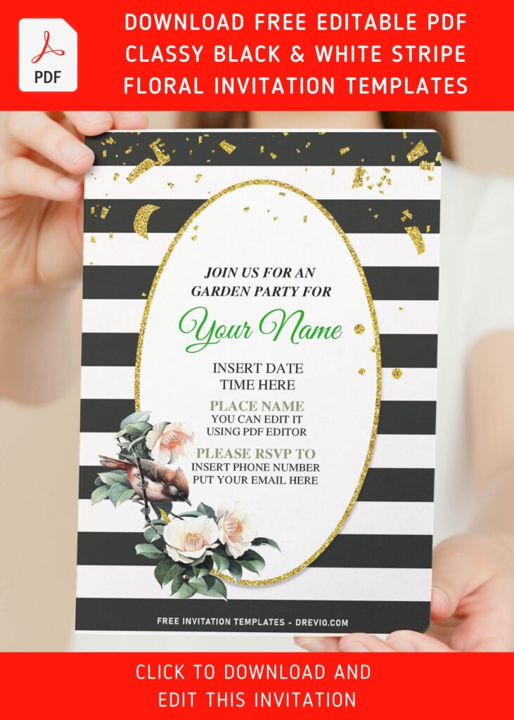Free Editable PDF Breathtakingly Elegant Black And White Stripe Floral Invitation Templates