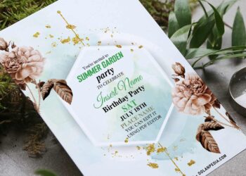 (Free Editable PDF) Modish And Chic Green Foliage Birthday Invitation Templates with stunning golden hexagon frame