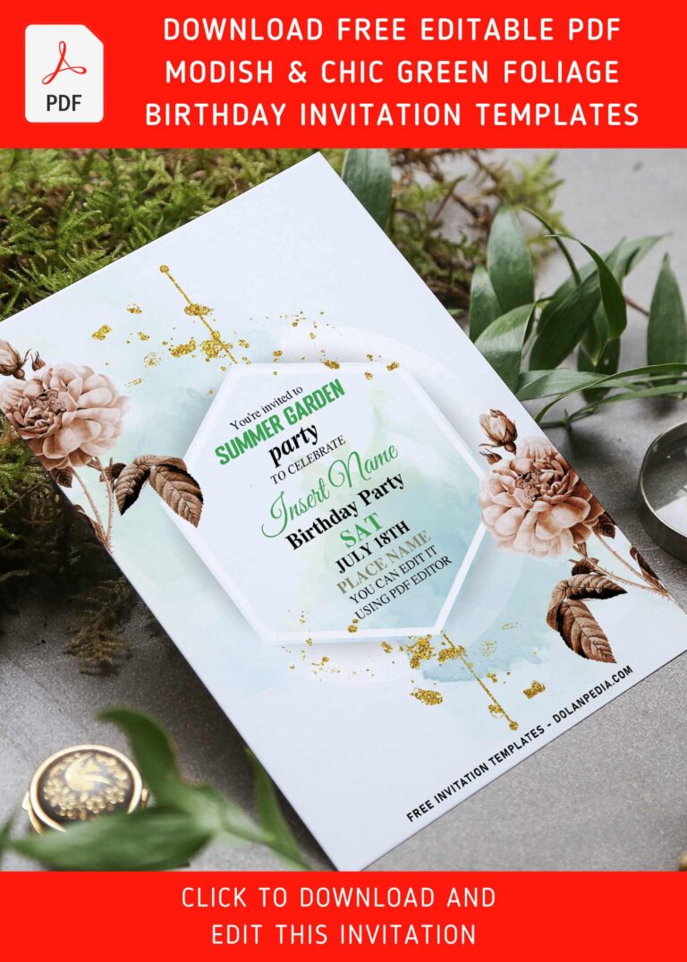 (Free Editable PDF) Modish And Chic Green Foliage Birthday Invitation Templates with stunning golden hexagon frame
