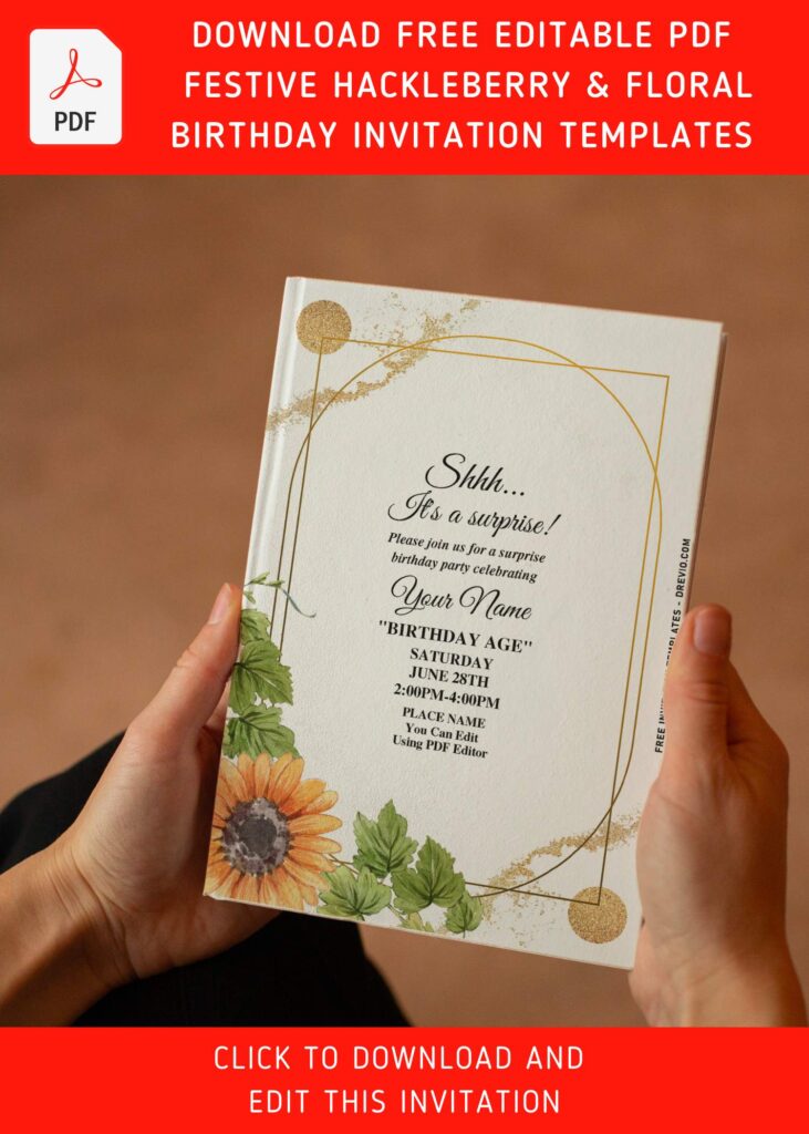(Free Editable PDF) Festive Summer Huckleberry And Sunflower Invitation Templates with sunset yellow sunflower