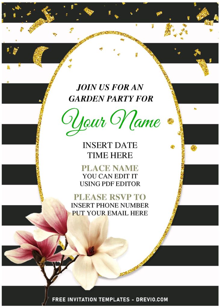 Free Editable PDF Elegant Gold Confetti Black And White Stripe Floral Invitation Templates