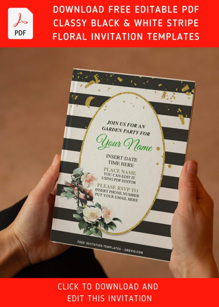 Free Editable PDF Fancy Gold Black And White Stripe Floral Invitation Templates