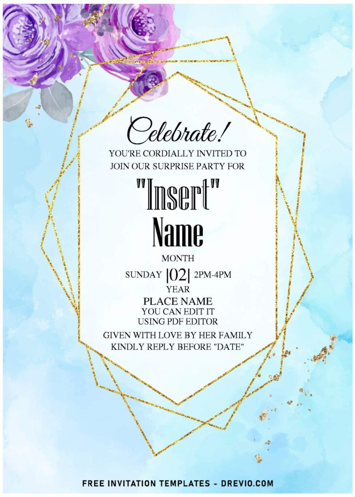 Free Editable PDF Geometric Gold Frame Purple Floral Invitation Templates