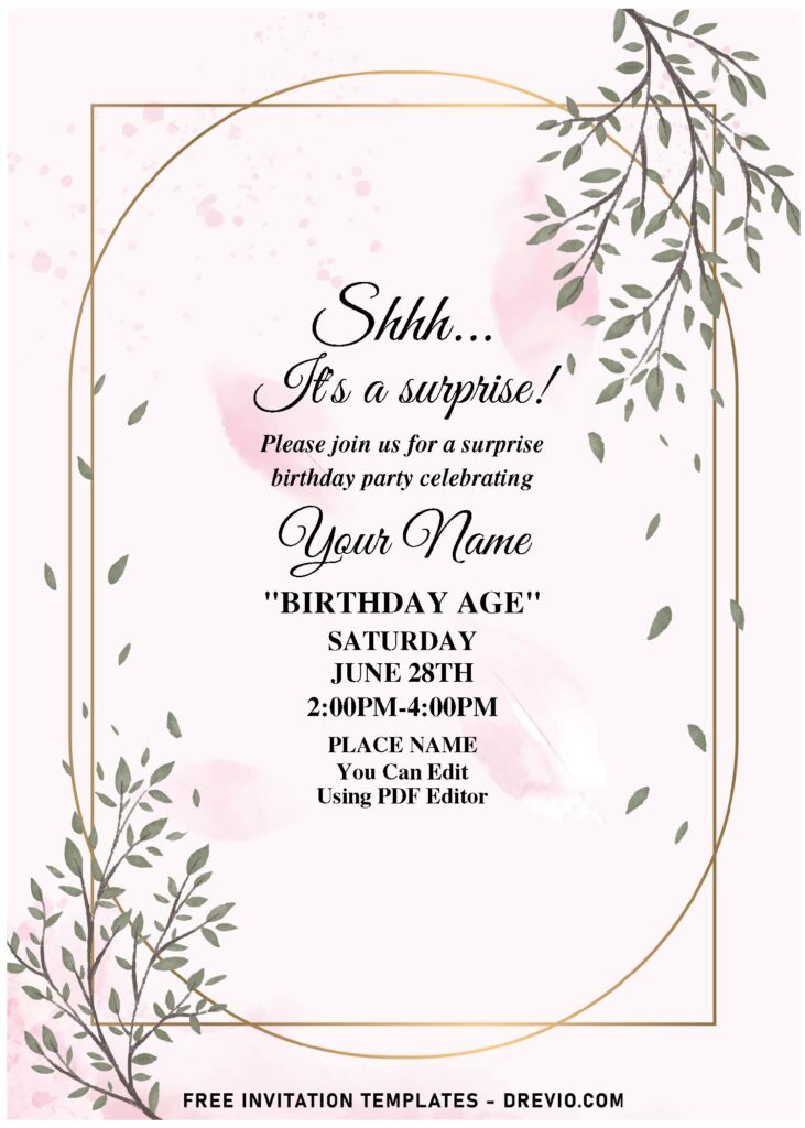 (Free Editable PDF) Elusive Geometric Greenery Eucalyptus Birthday Invitation Templates with watercolor eucalyptus