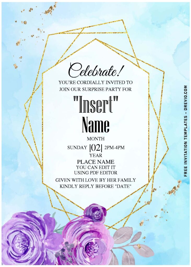 Free Editable PDF Geometric Purple Floral Surprise Birthday Invitation Templates