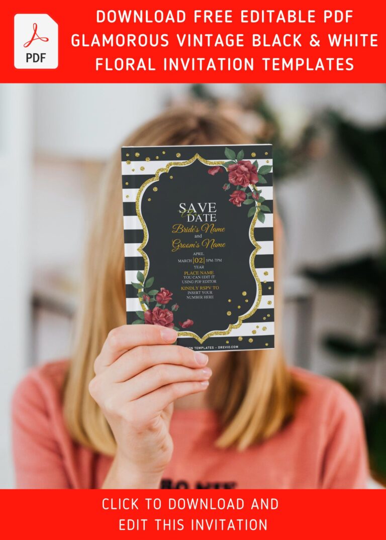 (Free Editable PDF) Vintage Sparkling Black And White Floral Wedding Invitation Templates with romantic red rose