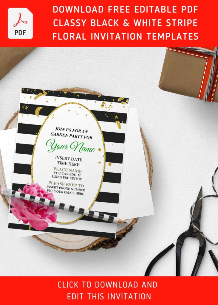 Free Editable PDF Gorgeous Black And White Stripe Floral Invitation Templates