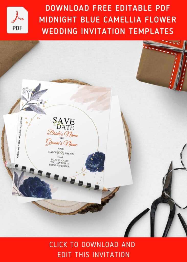 (Free Editable PDF) Mysterious Midnight Blue Camellia Wedding Invitation Templates with pastel watercolor brushstrokes