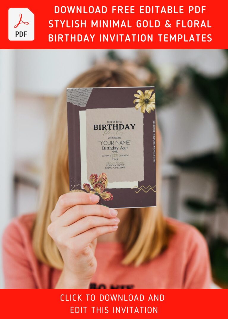 (Free Editable PDF) Casual Modern Gold And Floral Birthday Invitation Templates with collage pattern and sunflower